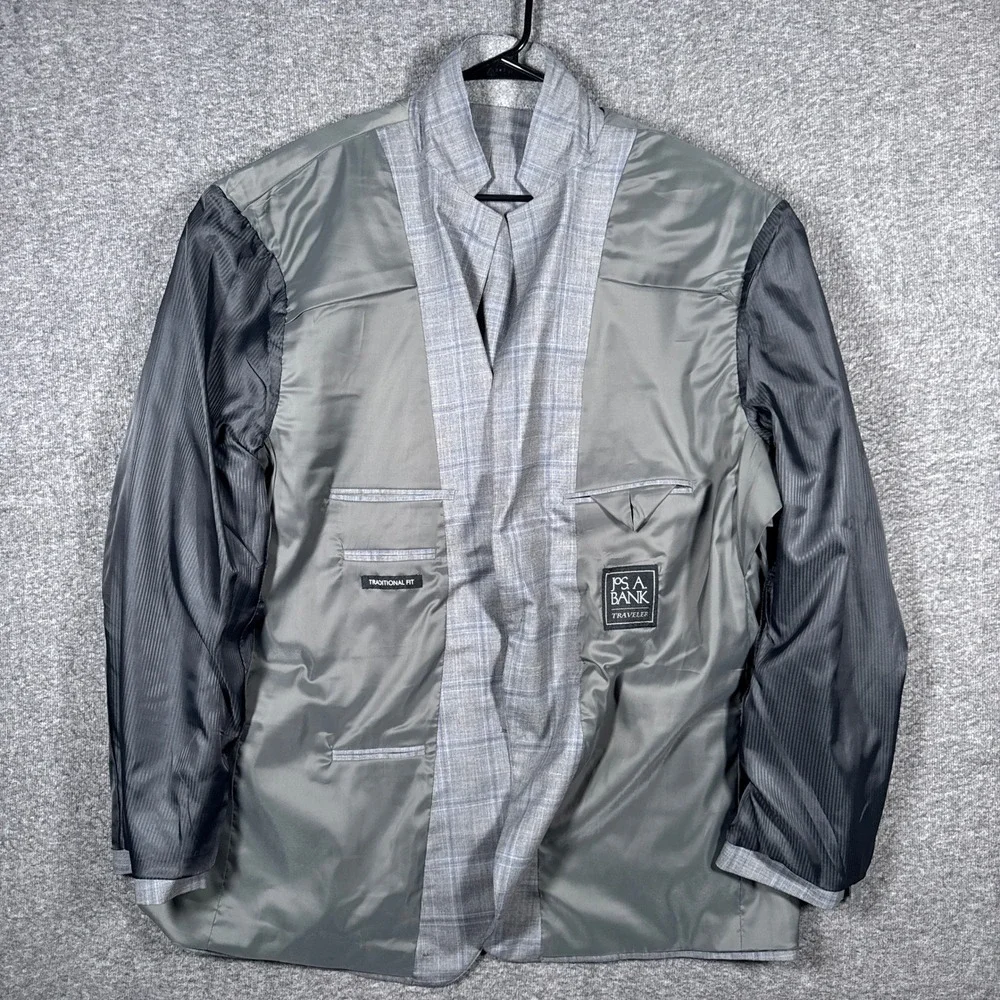 Jos A Bank Sport Coat Mens 52L Traditional Fit Grey Plaid Wool Traveler Blazer
